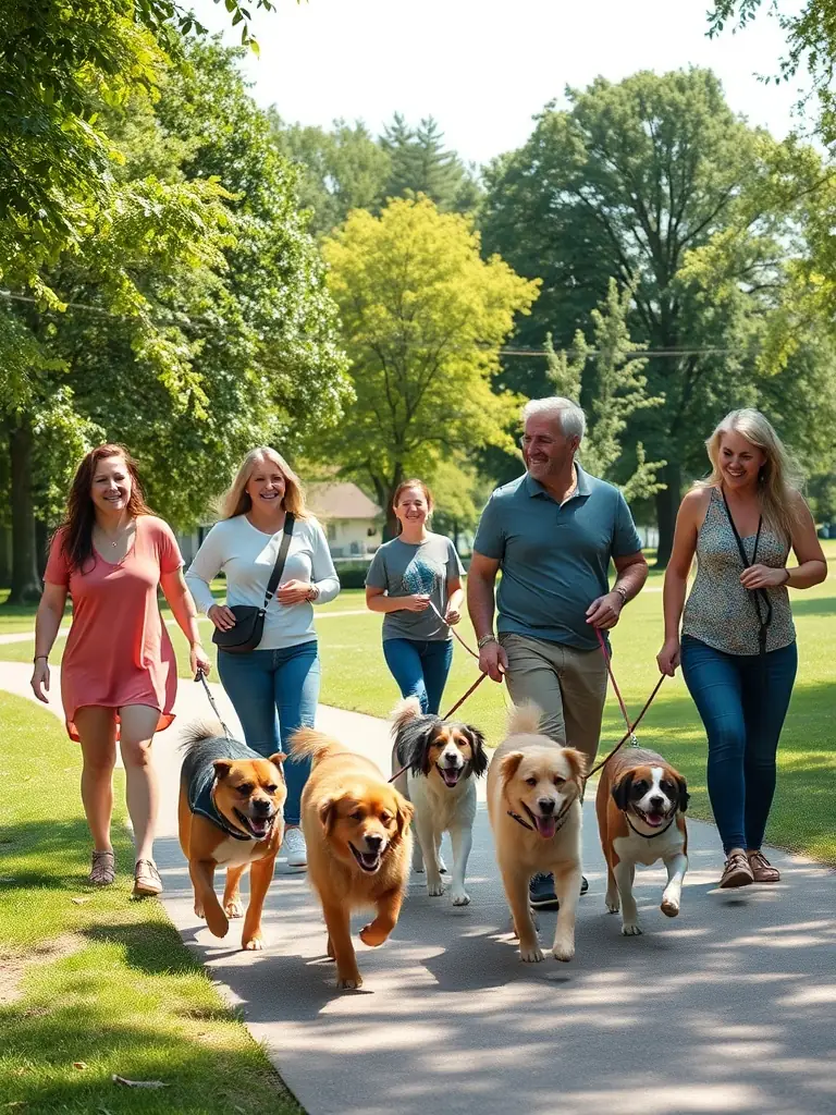 A heartwarming image of a group of dog owners and their pets enjoying a leisurely group walk through a scenic park, emphasizing the social aspect of CANIPOTOS 22's activities.