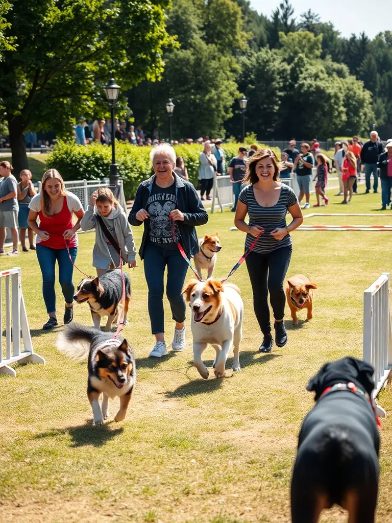 A vibrant photograph capturing a group of people participating in a dog-friendly obstacle course organized by CANIPOTOS 22, showcasing the energy and fun of the event.