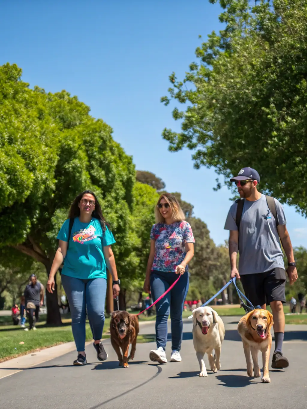 A heartwarming image of a group of people and their dogs enjoying a leisurely group walk in a scenic park, emphasizing the social and health benefits of outdoor exercise.