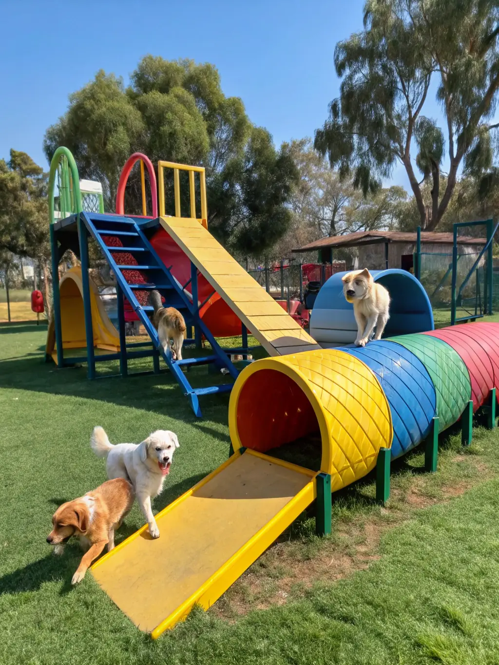 A vibrant photo of a group of people participating in a dog-friendly obstacle course, with dogs jumping over hurdles and weaving through cones, showcasing the fun and engaging nature of the activity.