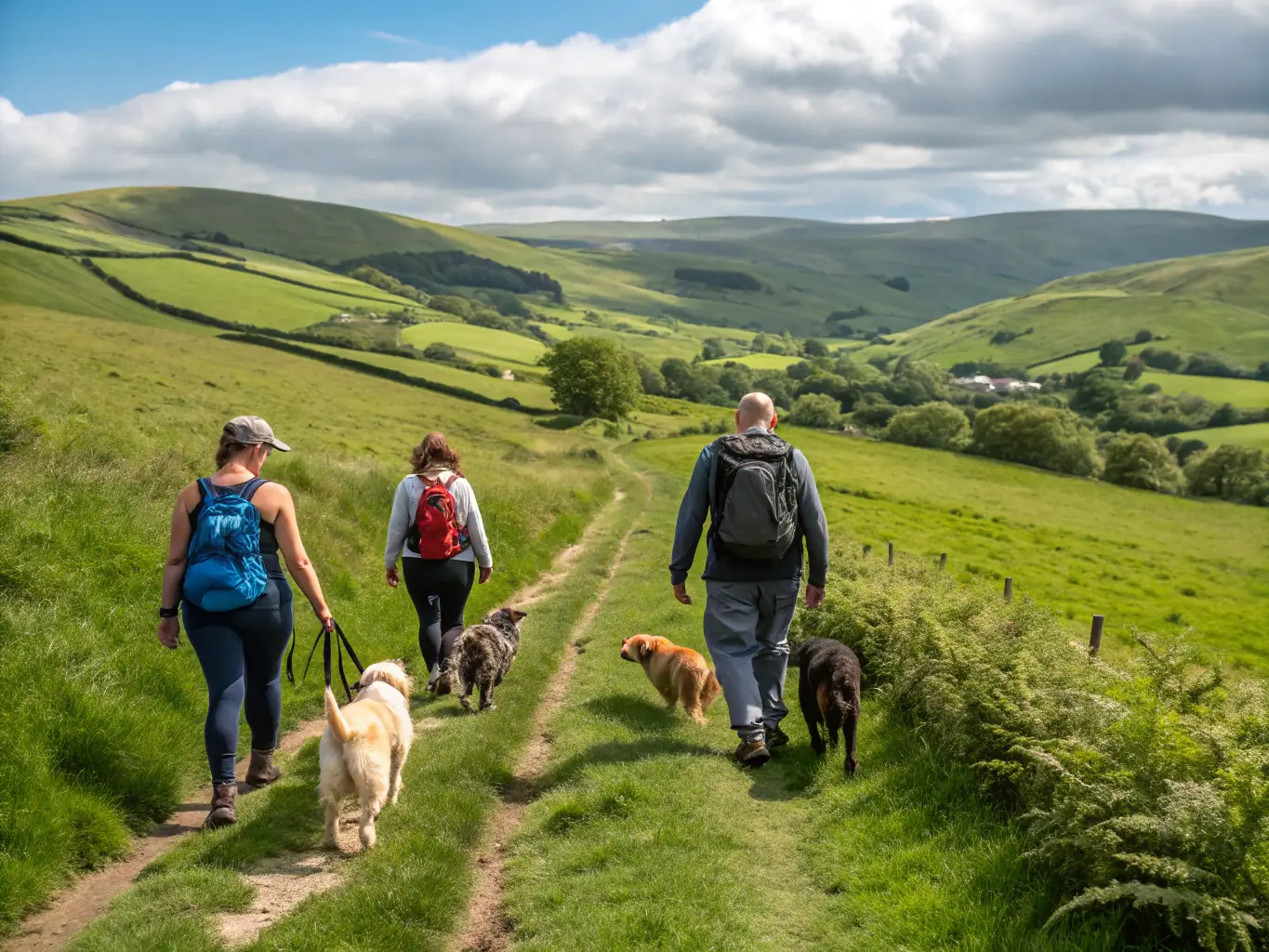 A heartwarming image of a group of people and their dogs participating in a guided nature walk, enjoying the scenery and fresh air in a picturesque setting.
