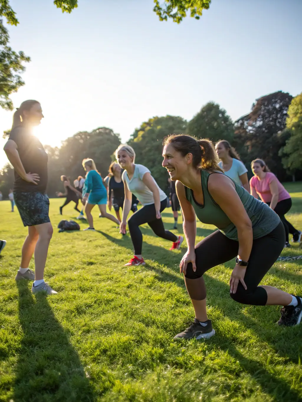 A dynamic shot of participants engaged in an outdoor fitness session with their dogs, incorporating exercises that benefit both humans and animals, highlighting the holistic approach to health.