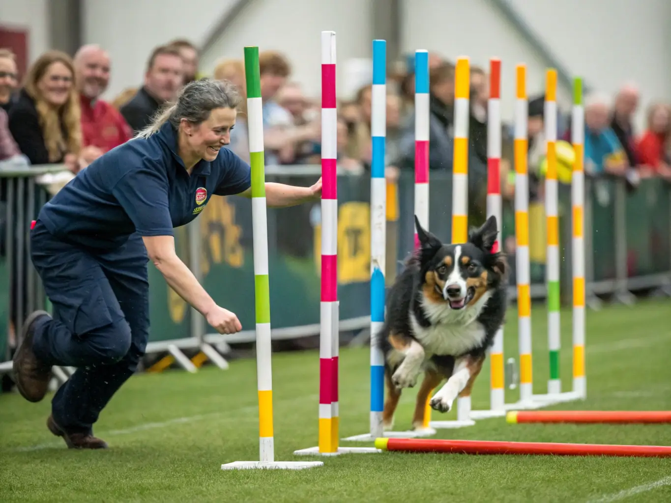 A lively scene of a dog-friendly obstacle course, with participants of all ages navigating various challenges with their dogs, showcasing teamwork and fun.