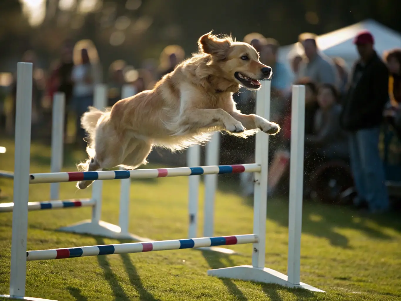 A dynamic shot of a dog agility course in action, with a happy dog leaping over a hurdle and its owner cheering it on, set against a backdrop of a sunny park.